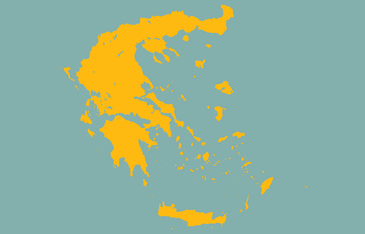 Yellow outline of Greece on a teal background
